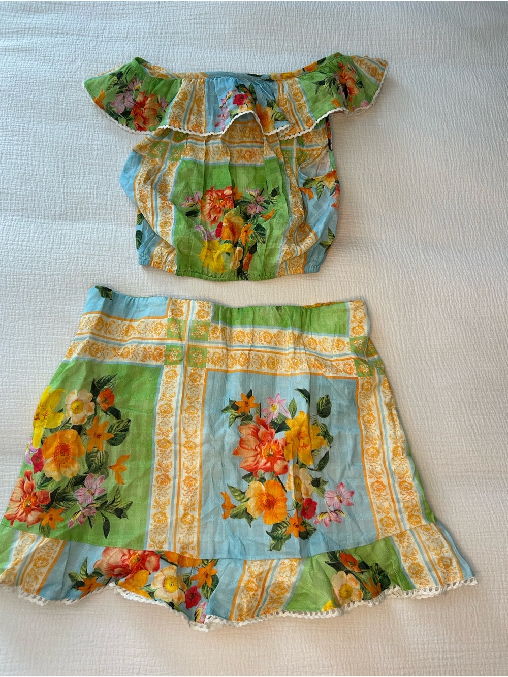 Girls Floral Two-Piece Skirt Set in Green and Blue